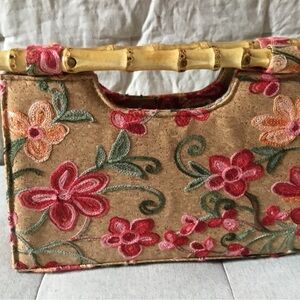 Floral Embroidered Bamboo Handle Bag